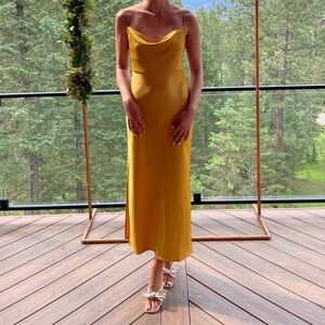 BHLDN Cali Satin Charmeuse Midi Dress in Mustard